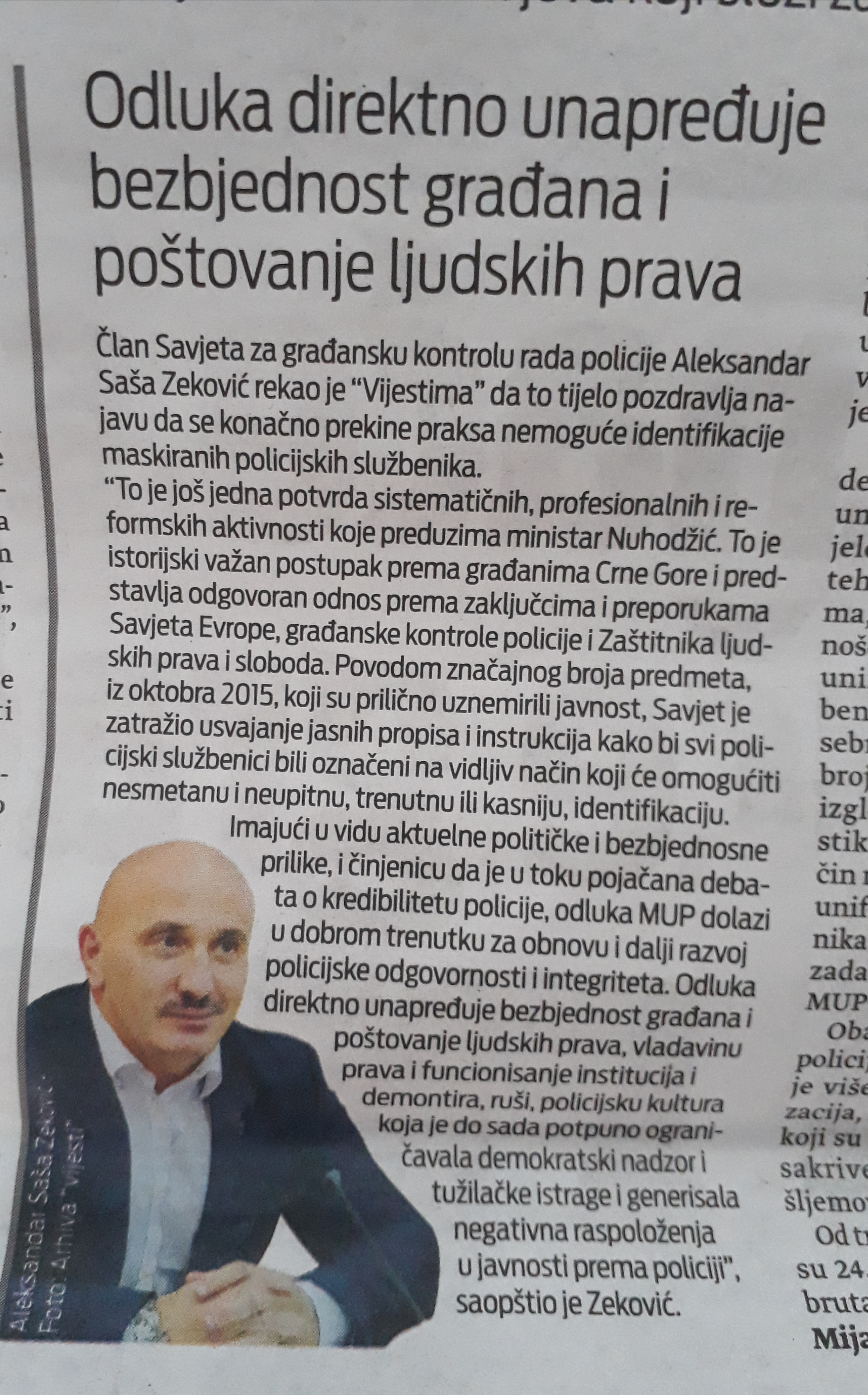 KONAČNA ODLUKA O IDENTIFIKACIJI SVIH SLUŽBENIKA POLICIJE DOPRINOSI BEZBJEDNOSTI GRAĐANA I INTEGRITETU POLICIJE