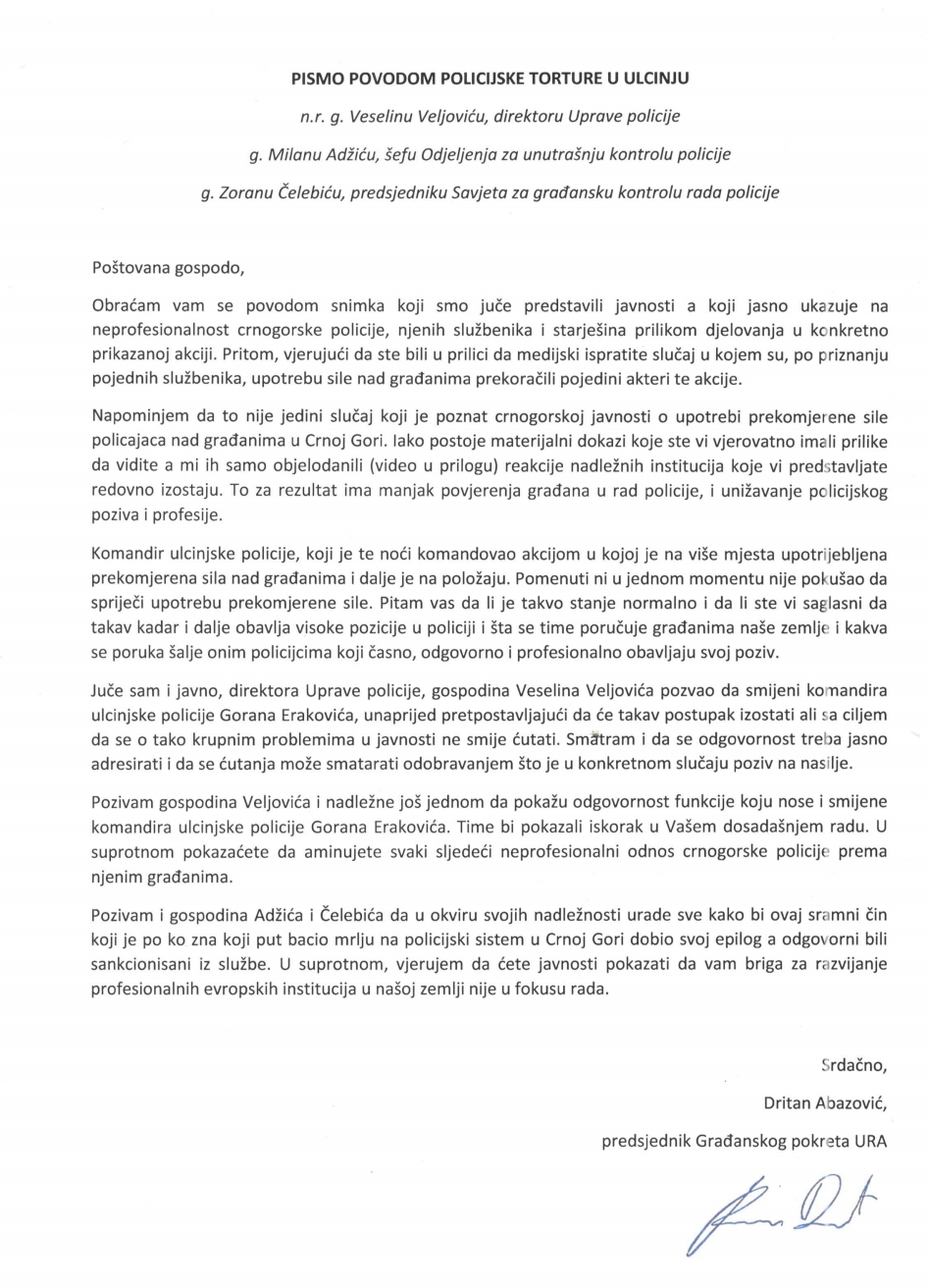 Predsjednik Građanskog pokreta URA pisao građanskoj kontroli policije